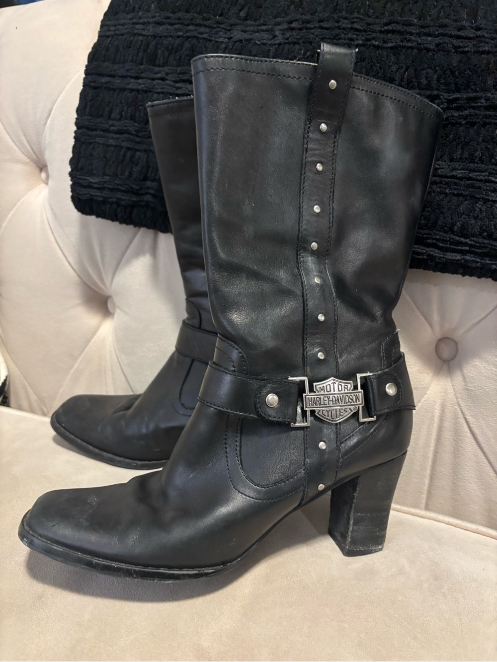 Harley-Davidson Lindsey Black Leather Heeled Boots Mid-Calf Studded Moto 8.5
